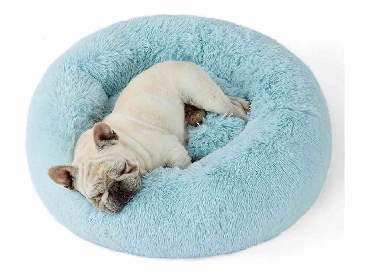 Bedsure Calming Dog Bed for Medium Dogs - Donut Washable Medium Pet Bed, 30 inches Anti-Slip Round Fluffy Plush Faux Fur Cat Bed, Fits up to 45 lbs Pets, Aqua Blue