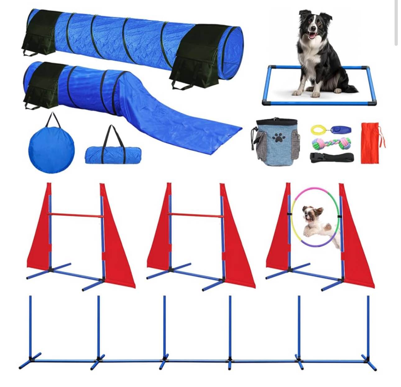 dog agility training equipment, obstacle agility training starter kit for doggie, including tunnel, 27 weave poles, adjustable hurdle, jump ring, pause box and carrying bag(blue,l)