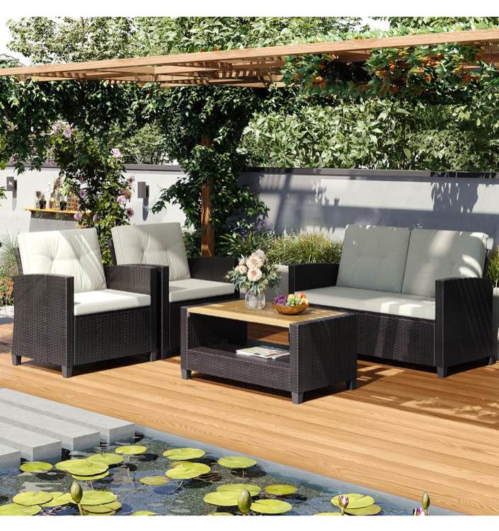 6 Piece Wicker Patio Furniture Sets with Ottoman & Tempered Glass Coffee Table