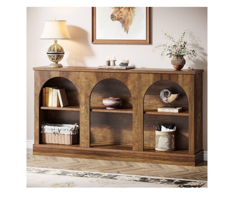63-Inch Long Farmhouse Wooden Rectangular Entryway Console 3 Tier Storage Sofa Table Behind Couch