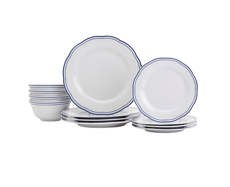 Tabletops Gallery Vintage 12 Piece Embossed Porcelain Dinnerware Set in White with Blue Stripes