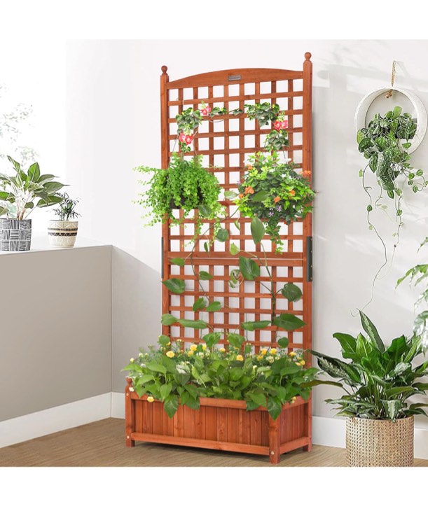 VIVOHOME Wood Planter Raised Garden Bed with Trellis, 71 Inch Height Outdoor Garden Flower Standing Planter Box Privacy Screen Lattice Panels with Planter for Patio DeckÂ PorchÂ w/Drainage Holes