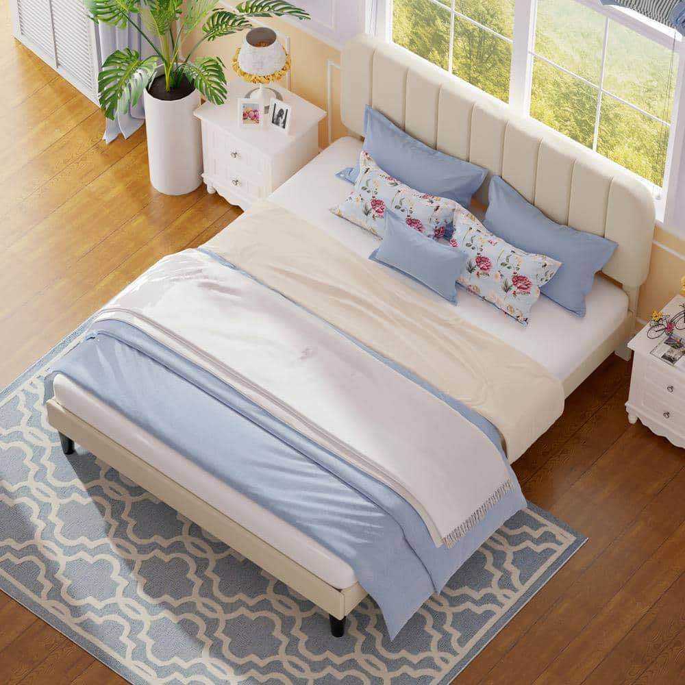 Upholstered Bed Frame, Twin Platform Bed Frame with Adjustable Headboard, Strong Wooden Slats Support, Beige