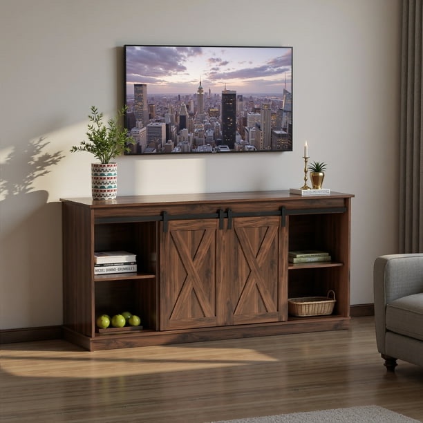 MCQ TV Stand for TVs up to 65", Mid Farmhouse style with Storage, Sliding cabinet doors, Rust