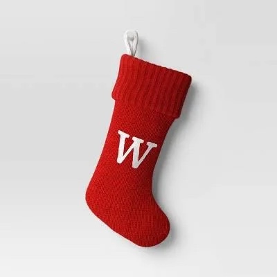 Christmas Holiday Winter Red Thick Knit Stocking Monogram Letter W Measures 19"