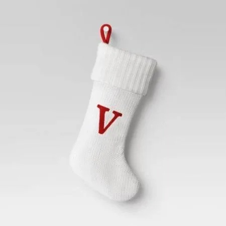 Christmas Holiday Winter White Thick Knit Stocking Monogram Letter V Measures 19"