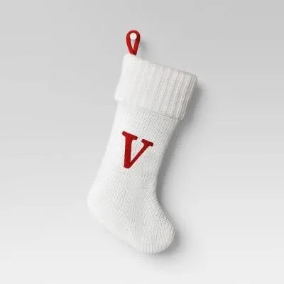 Christmas Holiday Winter White Thick Knit Stocking Monogram Letter V Measures 19"