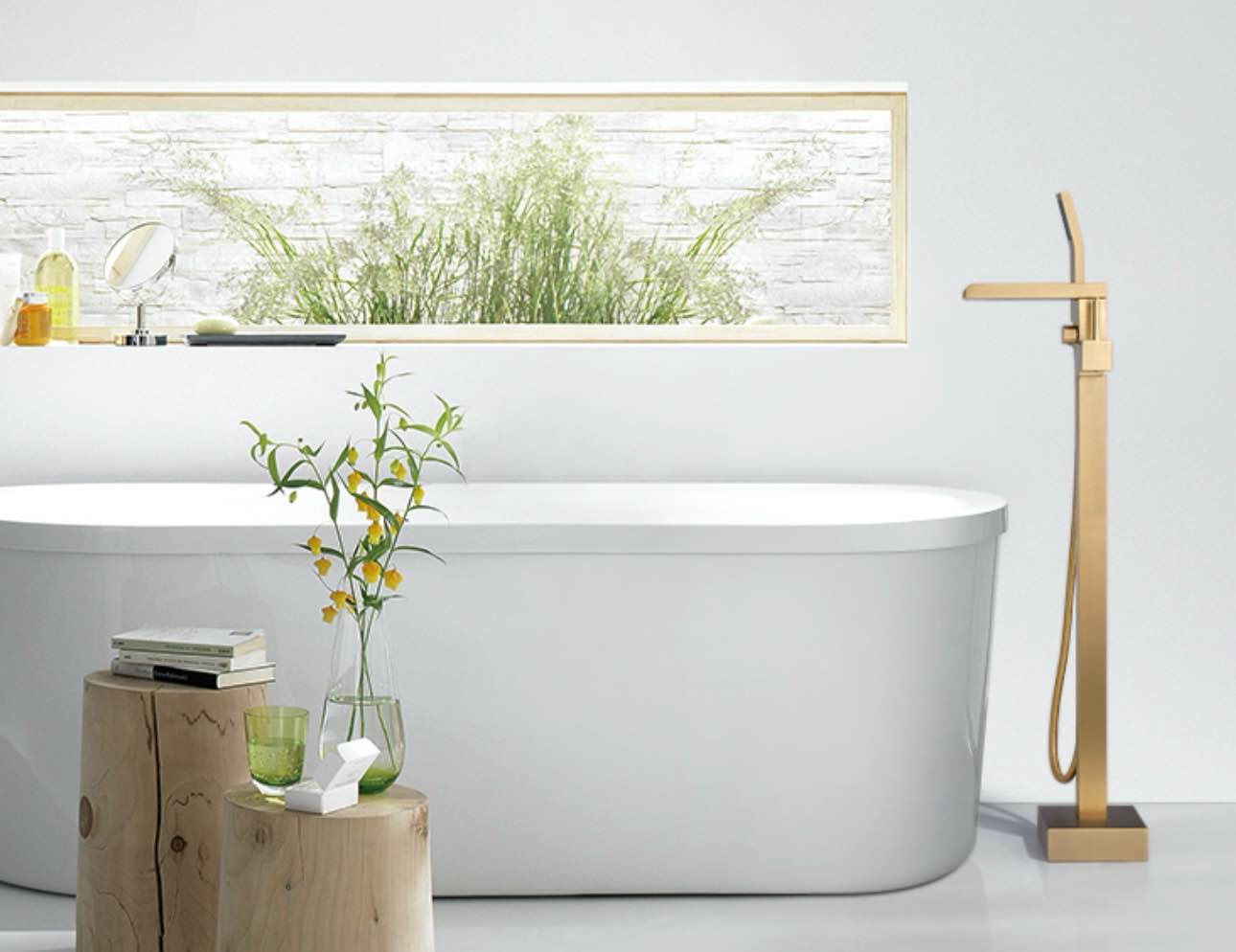 BAGNOLUX Solid Brass Floor Mount Bathtub Faucet Free Standing Tub Faucet Freestanding Tub Filler Brushed Brass High Flow Rate Swivel Spout with Hand Shower, YGSLT-Waterfall Brushed Gold