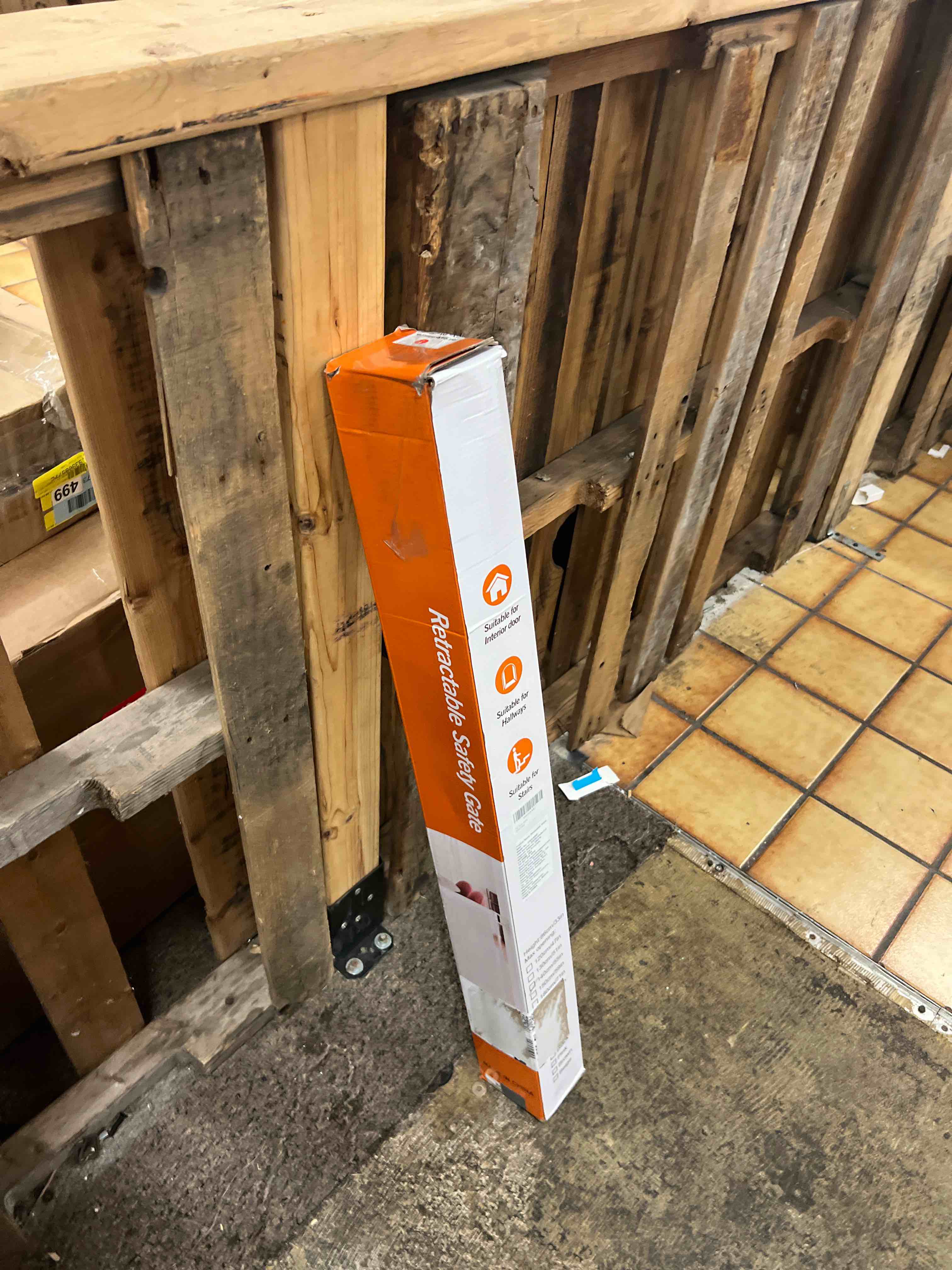 Condition photo showing New/Like New for Retractable Baby Gate for Stairs - 33'' Height, Expands up to 55'' Width - Safety Gate for Infants, Toddlers, Dogs & Pets - Easy Install, Secure Closure, Gray Mesh Design for Indoor & Outdoor Use