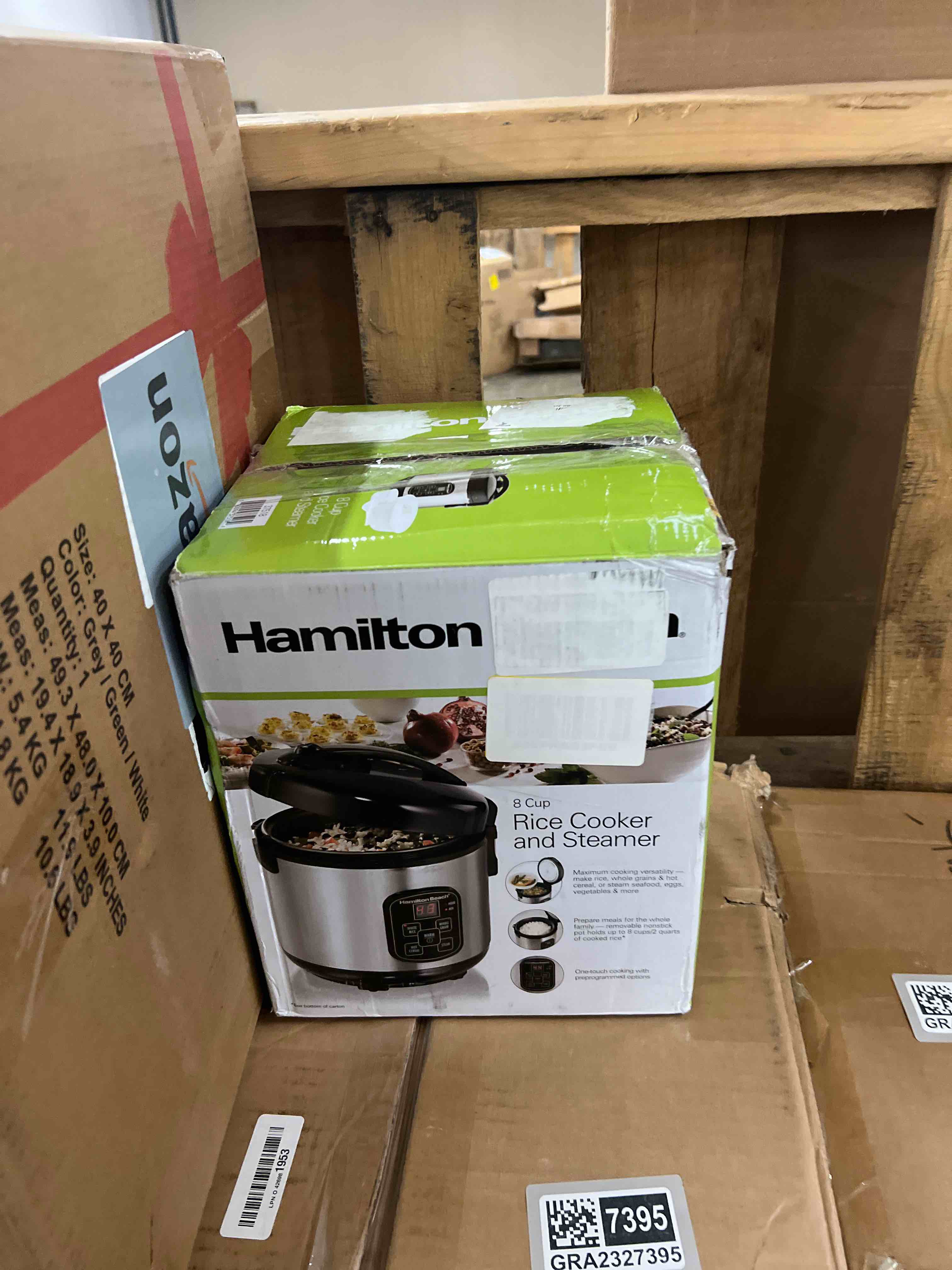 Condition photo showing New/Like New for Hamilton Beach Digital Programmable Rice Cooker & Food Steamer 8 Cups Cooked (4 Uncooked) With Steam & Rinse Basket Stainless Steel (New Open Box)
