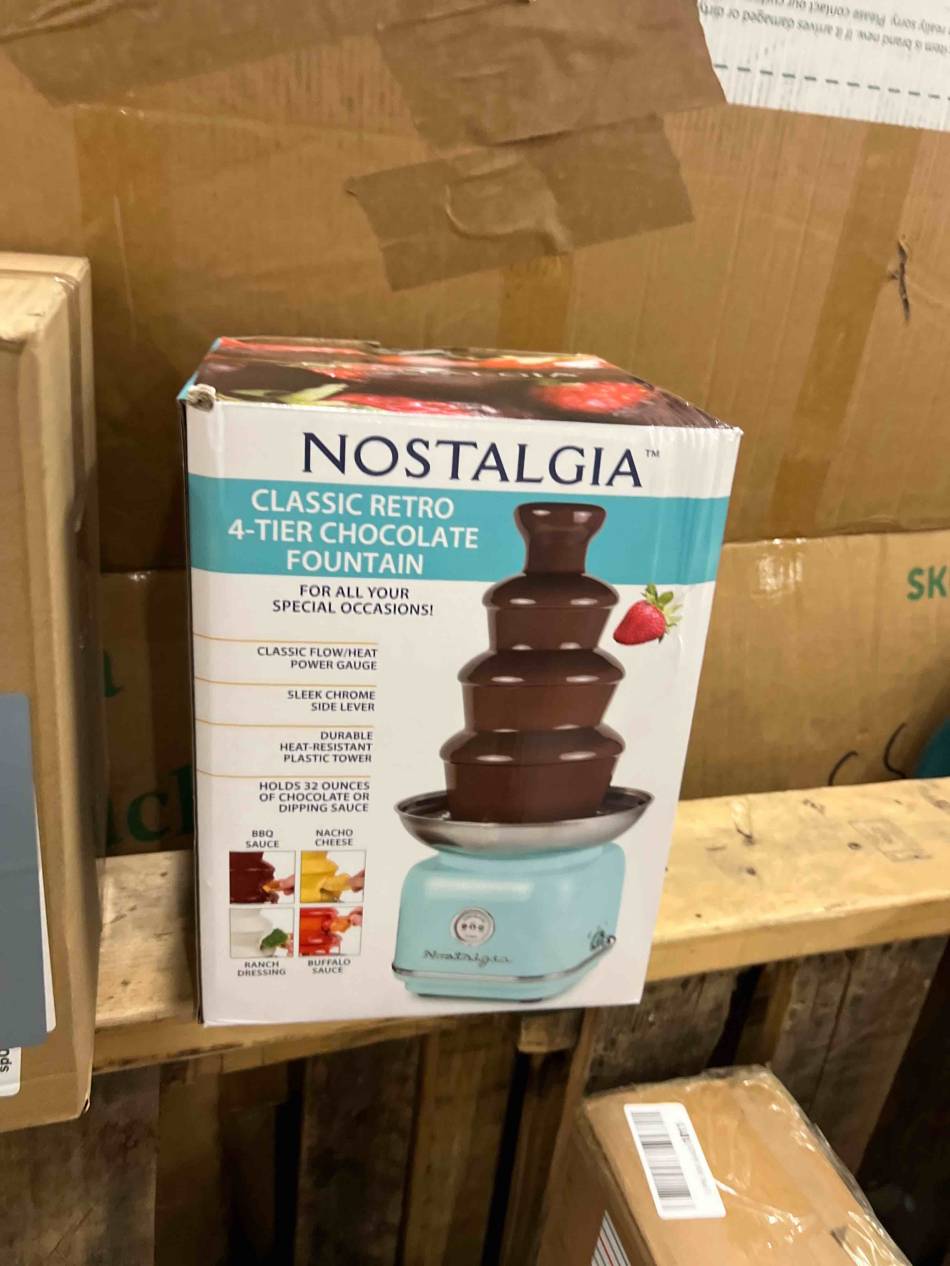 Condition photo showing New/Like New for Nostalgia 4 Tier Electric Chocolate Fondue Fountain Machine for Parties - Melts Cheese, Queso, Candy, and Liqueur - Dip Strawberries, Apple Wedges, Vegetables, and More - 32-Ounce - Aqua Aqua Fountain 4 Tier