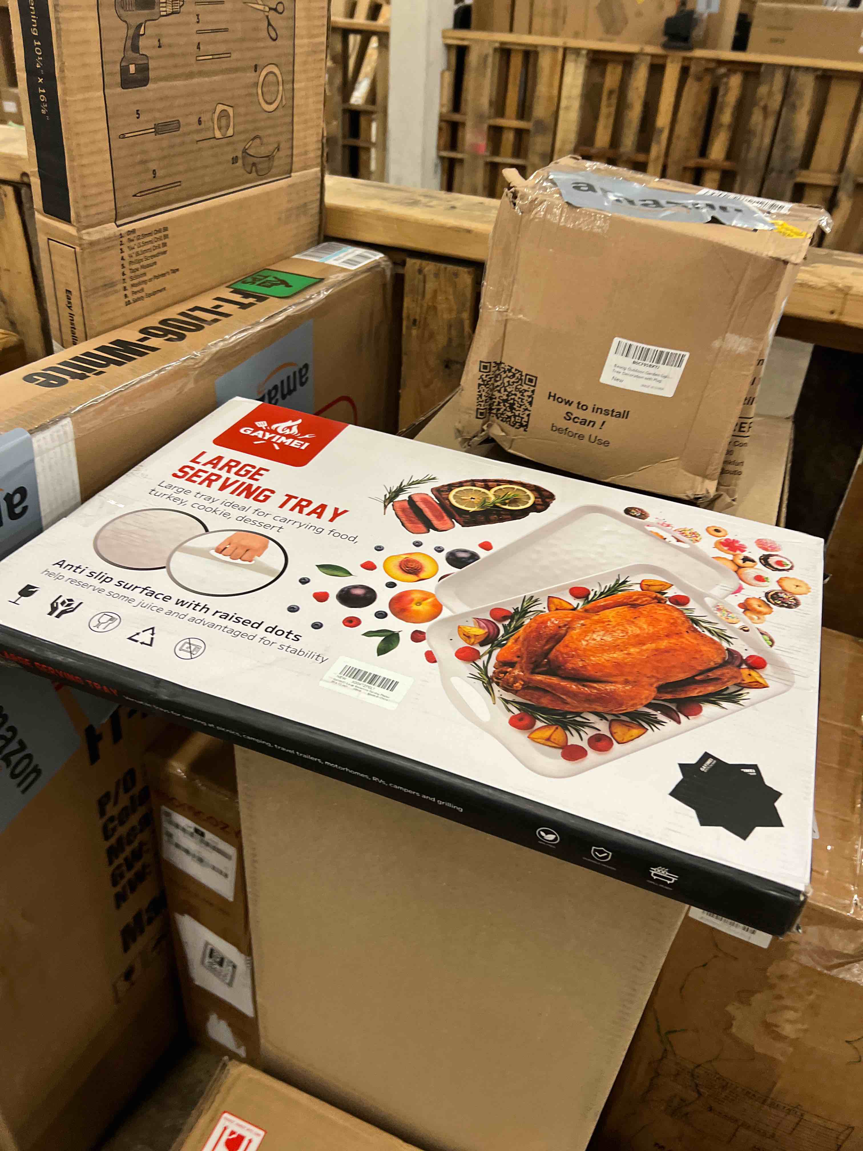 Condition photo showing New/Like New for Extra Large 20" x 13" Serving Platters for Turkey, Cookie, Cupcakes, Gift Ready Melamine Serving Tray with Handles for Party Entertaining, Raised Dots & Matt Finish, Set of 2, White