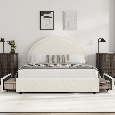 Garvee Full Size Bed Frame with Storage Drawers Upholstered Boucle Platform Bed with Round Headboard Heavy Duty and Noise Free No Box Spring Needed Beige