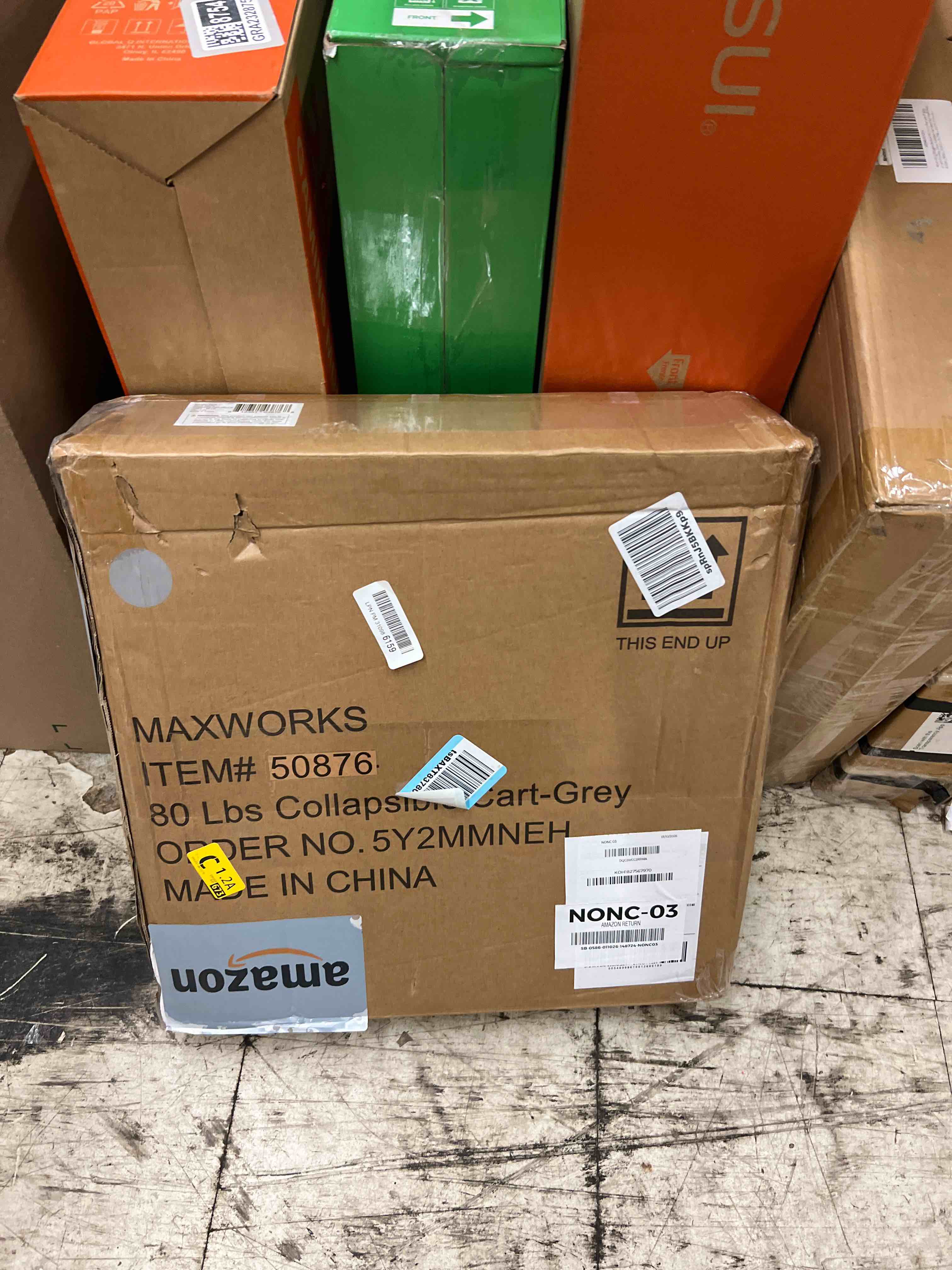 Condition photo showing New/Like New for MaxWorks 50876 Collapsible Rolling Utility Cart with Lid - 80 lb Capacity Folding Dolly with Telescoping Handle - Heavy Duty Plastic Crate on Wheels for Shopping, Office, and Teachers - Gray