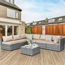 (Only 3 chairs) Walsunny 7 Piece Outdoor Patio Conversation Set, Rattan Sectional Sofa Set, All-Weather Outdoor Modern Sectional Furniture Wicker Couch with Glass Coffee Table, for Patio Deck Garden Pool,Khaki