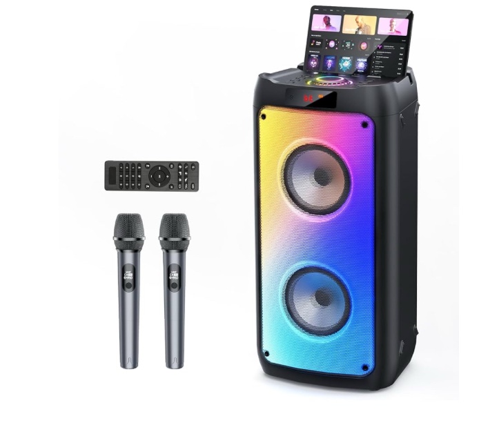 JYX Karaoke Machine with 2 Wireless Microphones for Adults, 8" Big Bluetooth Party Speaker with 500W Peak Power, PA System with LED Disco Light, Rolling Wheels and Trolley, Perfect for Outdoor Home