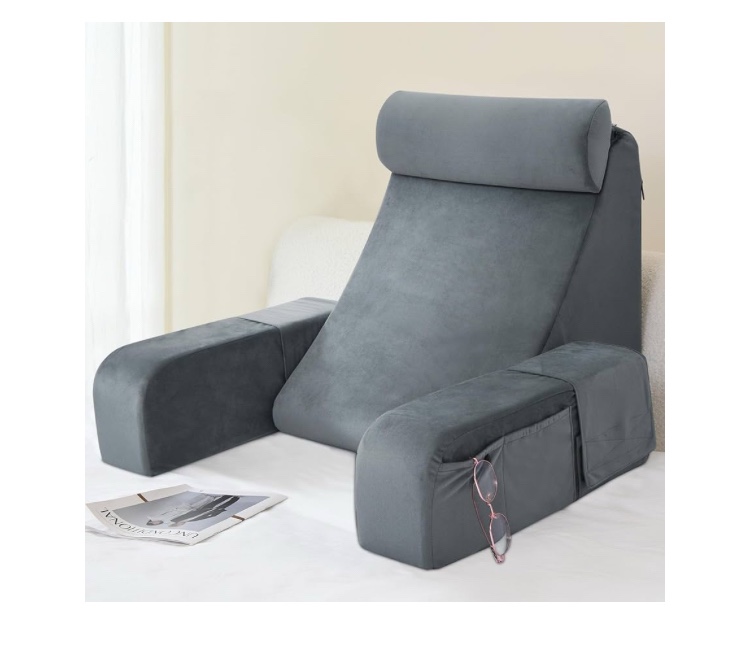 Reading Pillow for Sitting in Bed Adult, Back Pillow for Bed Sitting Up, Full Support for Comfort Solid Foam Chair with Arms Rest and Head Rest Pillow for Watching TV/Reading -19in (Grey & White)