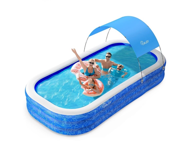 Large Inflatable Swimming Pool with Canopy, 150” x 70” x 20” Full-Sized Inflatable Pool for Kids & Adults, Kiddie Pool with Sun Shade, Blow Up Pool for Backyard, Garden, Age 3+, Blue