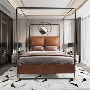 Vegan Leather Metal Canopy Bed