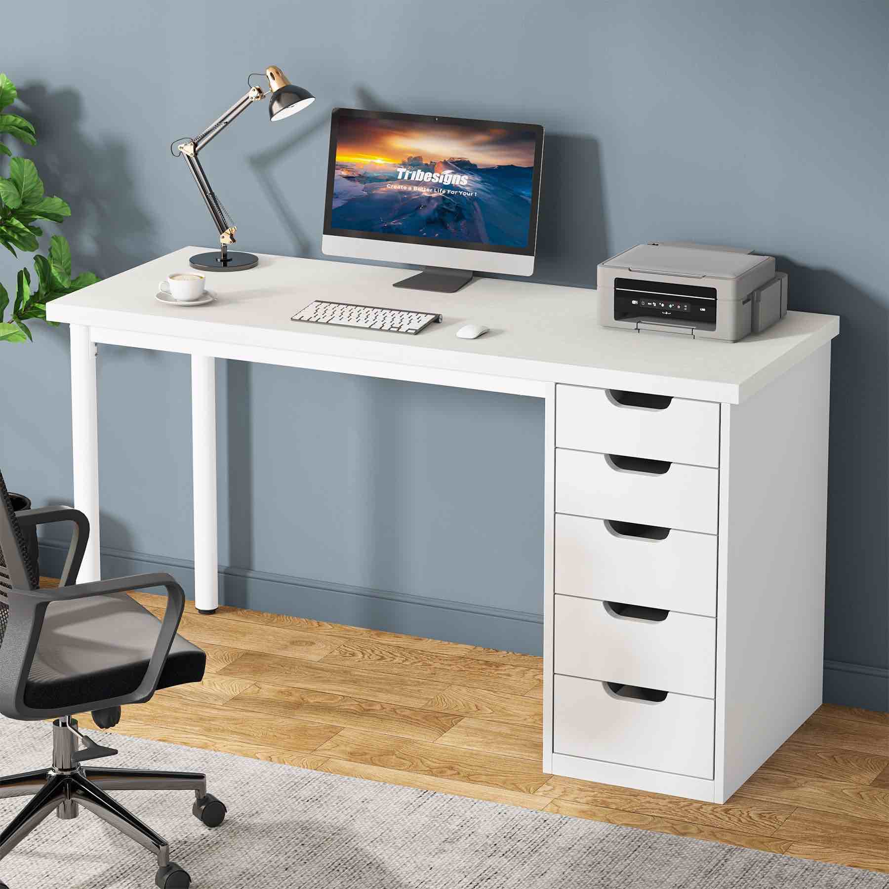 47" Computer Desk with 5 Drawers, Modern Study Table Writing Desk