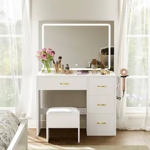 YITAHOME Vanity Desk Set with Large 35" LED Mirror and Lights, Makeup Table with 4 Drawers & Stool, 2 AC Outlets and 2 USB Ports, Adjustable Lighting, Modern Ample Storage Dressing Table, White
