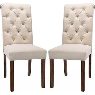 COLAMY Tufted Dining Room Chairs Set of 2, Accent Parsons Diner Chairs Upholstered Fabric Side Stylish Kitchen Chairs with Solid Wood Legs and Padded Seat - Beige
