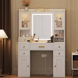 42" Makeup Vanity Desk with Mirror and Lights, & Power Outl, Glass Top Big Vanity Table with 9 Drawers& 8 Storage Shelves, Dressing Table Set with Chair for Bedroom, White
