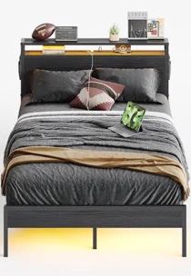 LED Full Size Bed Frame with Charging Station, Platform Metal Headboard Storage & USB Ports Outlets, Farmhouse Lights for Bedroom, Noise Free, Black