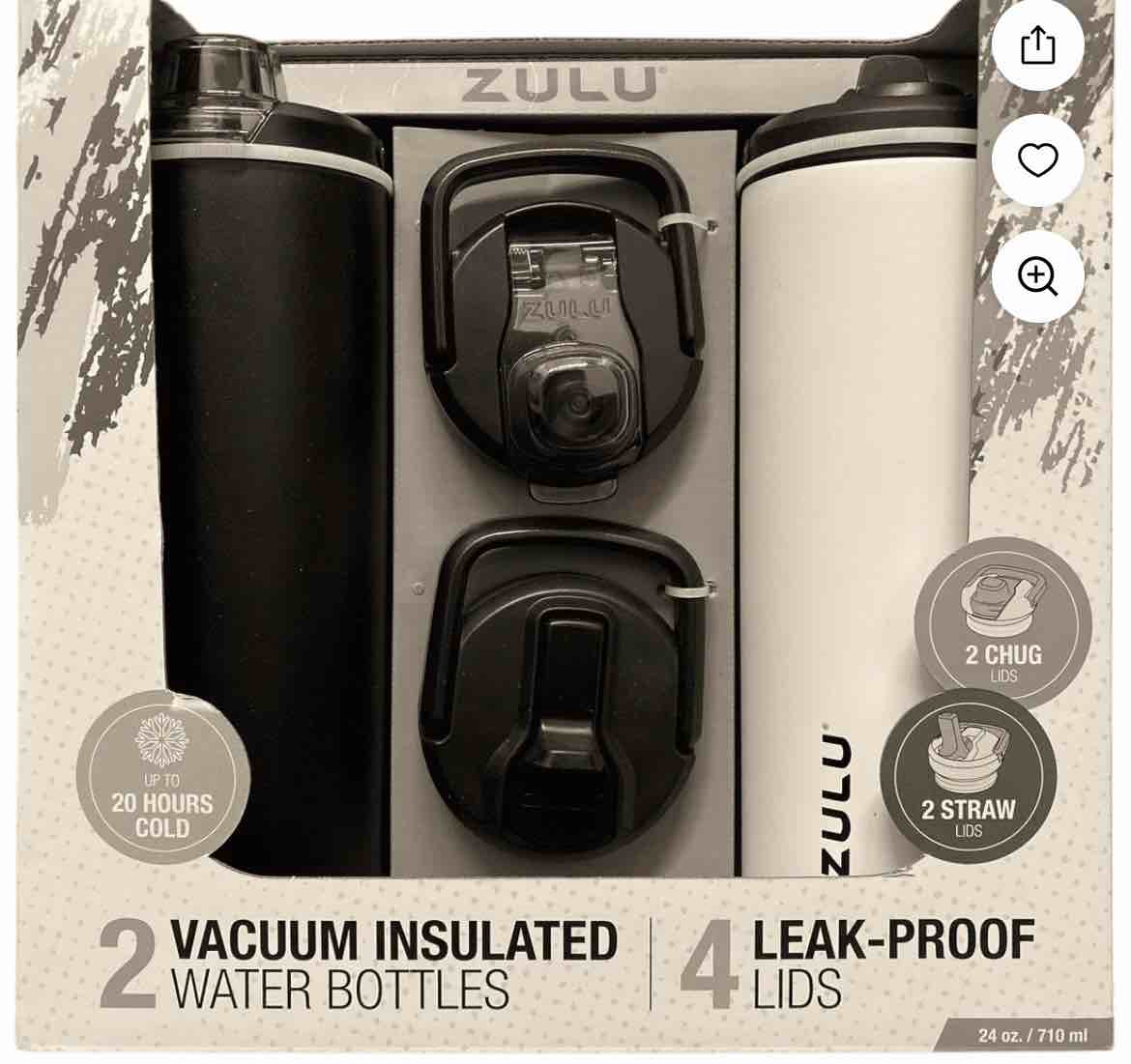 Zulu  411-2401-900 Stainless Steel Water Bottle with Lids., 2pk 24oz, Includes 2 Extra Lids