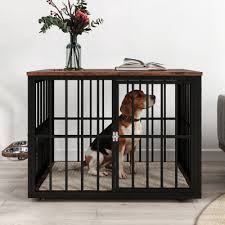39"/43'w stackable metal wooden dog crate with feeding bowls