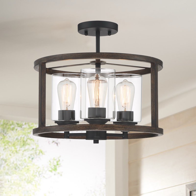 Kwong 3 - Light Living Room Steel Dimmable Glass Semi Flush Mount