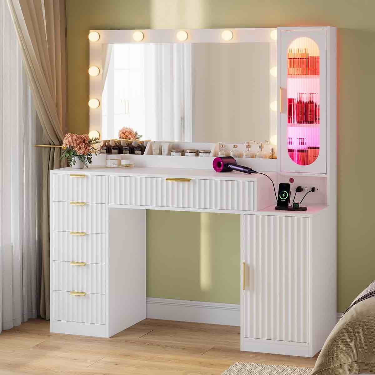Fluted Makeup Vanity Desk With Large Mirror And Lights, Wood Vanity With Charging Station, 6 Drawers And Cabinet
