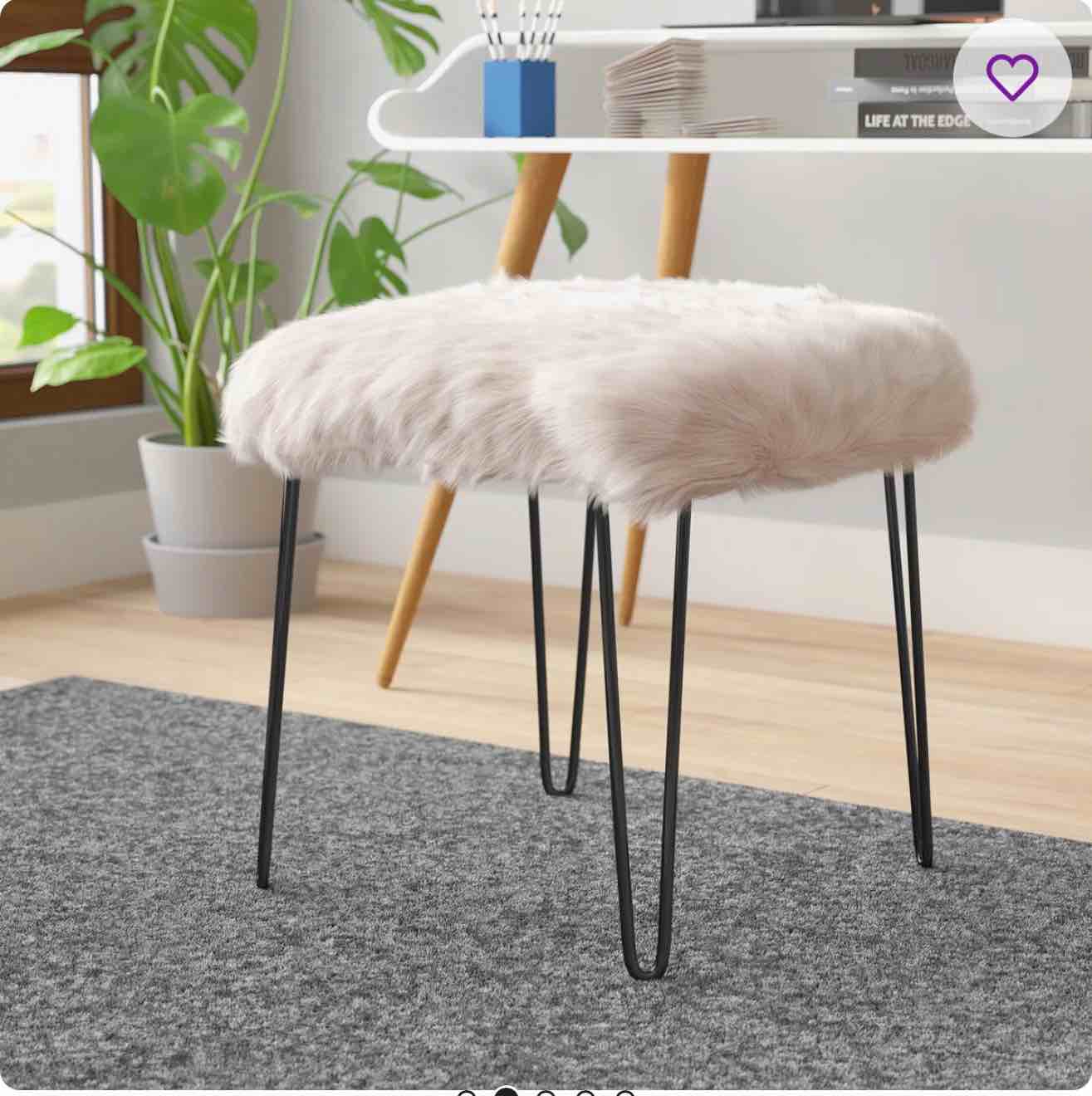 Faux Fur Gray Square Stool Metal Hairpin Legs