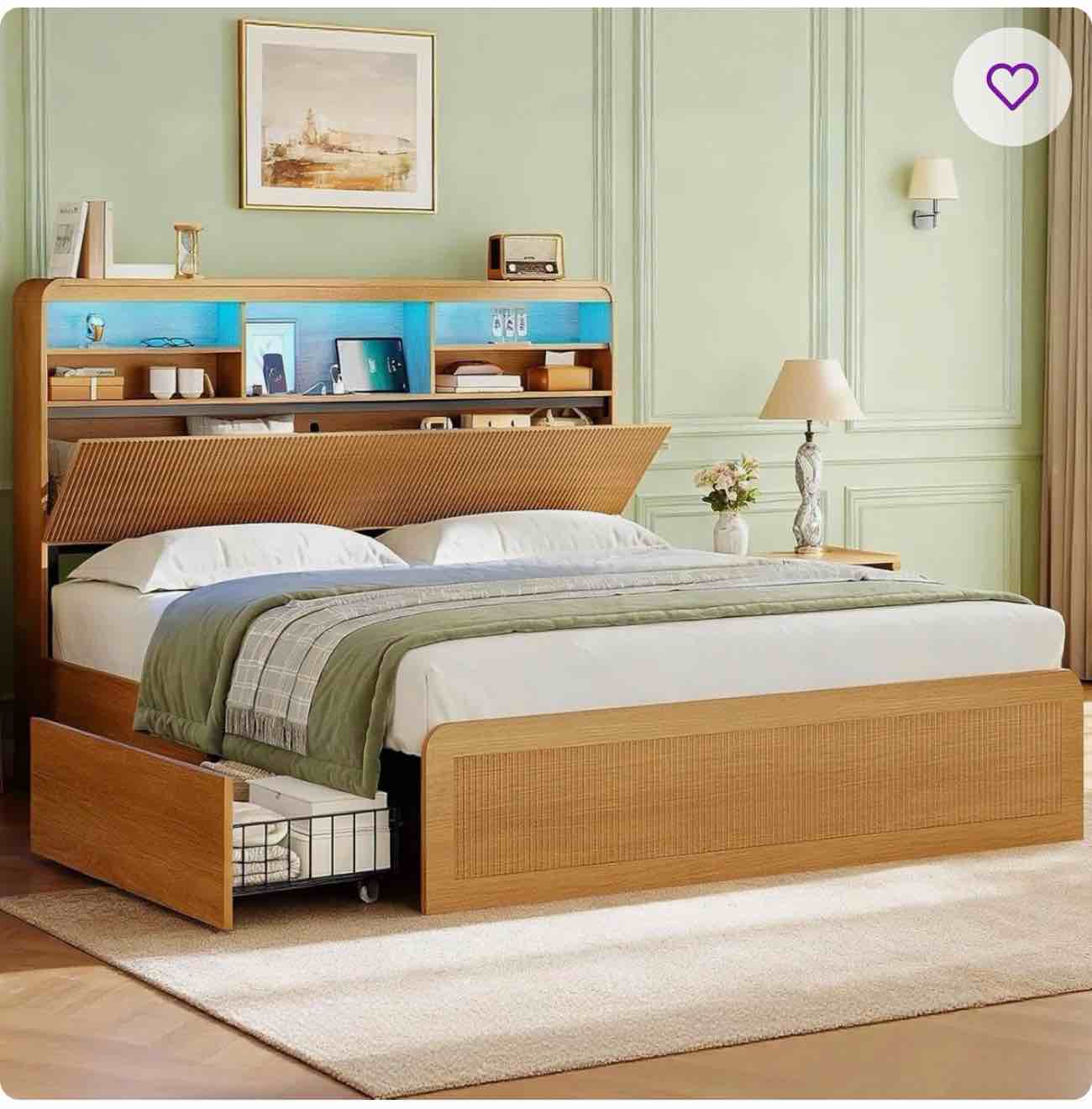full bed frame with storage and charging station, curved fluted headboard, 4 drawers, hidden storage, no box spring needed, modern wood platform bed