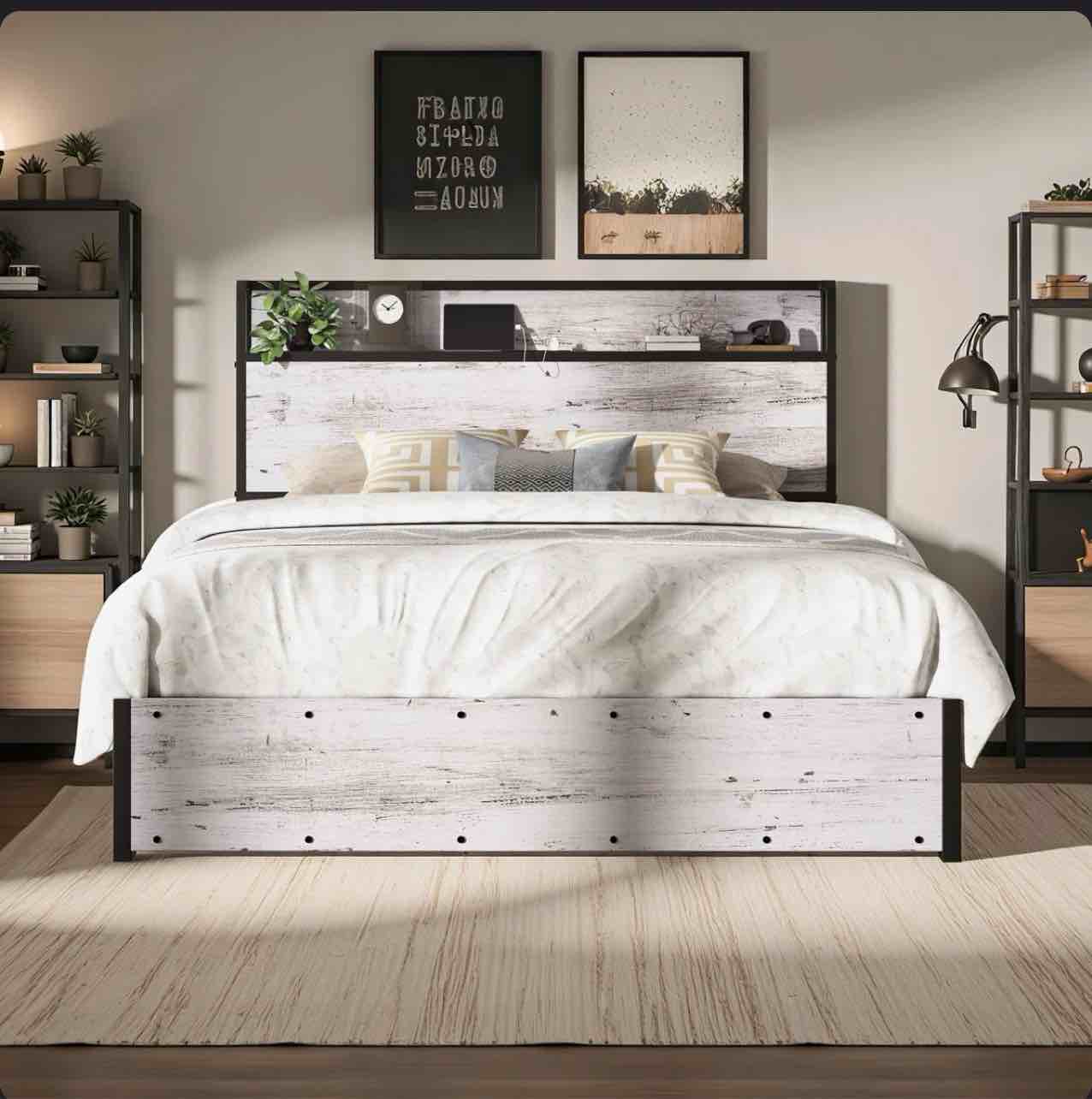 shila lift up storage queen bed frame & charging station, white