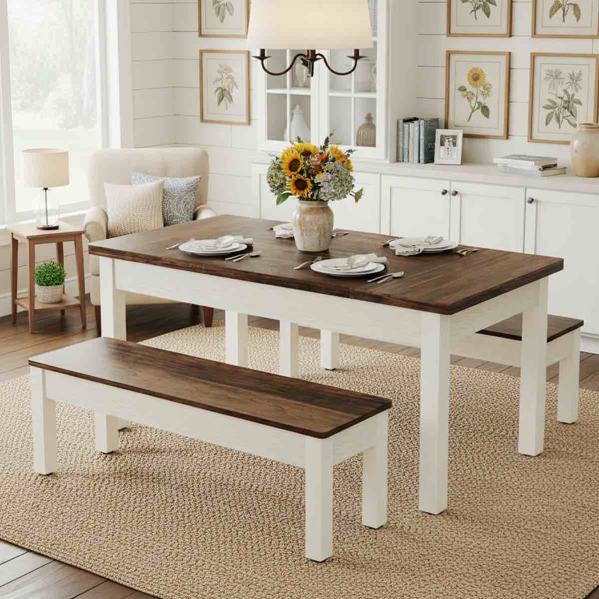 55" farmhouse kitchen table with 2 benches, 3-piece wooden dining table