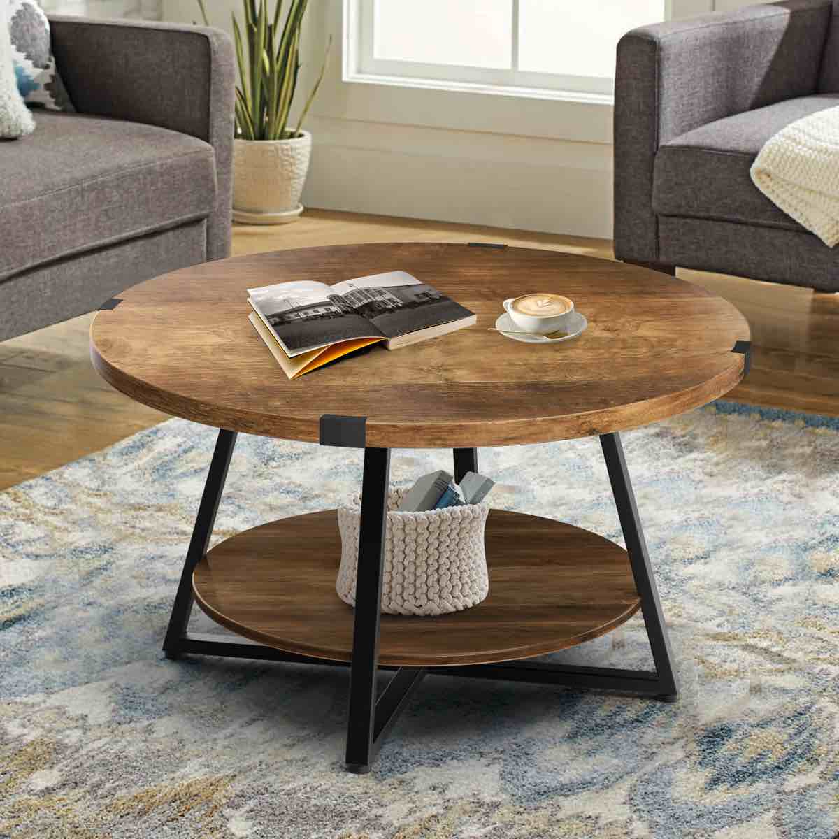 jahaira round coffee table with 2-tier storage shelves
