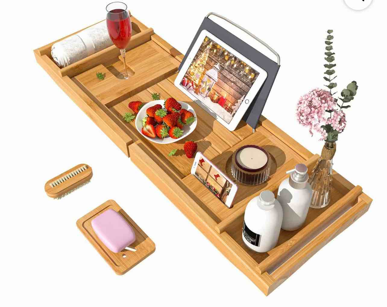 Bambloom Luxury Bathtub Tray,Bamboo Expandable Bath Tub Tray Table with Brush & Soap Holder,Natural