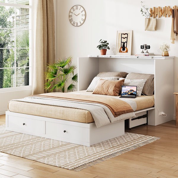 (INCOMPLETE BOX2/2) Queen Size Murphy Bed With Height Adjustable Storage Compartment