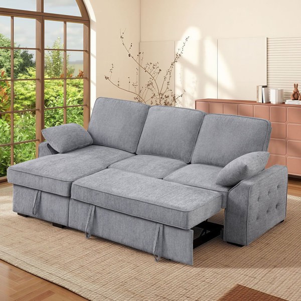 91" L-Shape Convertible Sectional Couches Sofas with Storage Chaise & with Pull-Out Sleeper,Cup Holders & USB Charging(Box 1of2)