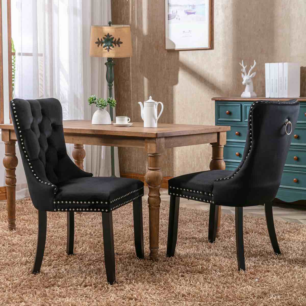 36" Glass Dining Room Table Set for 4, 5-Piece Round Black Dining Table with Metal Legs, 4pcs Velvet Upholstered Chairs with Wood Legs, Glass Kitchen Table and Chairs Set(ONLY 1 chair)