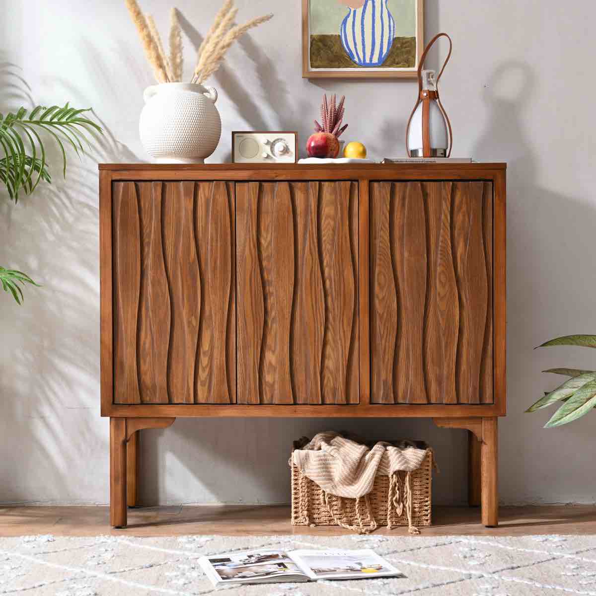 Condition photo showing As Is for Vintage 3-Door Storage Cabinet With Adjustable Shelves, Slatted Doors, And Walnut Finish