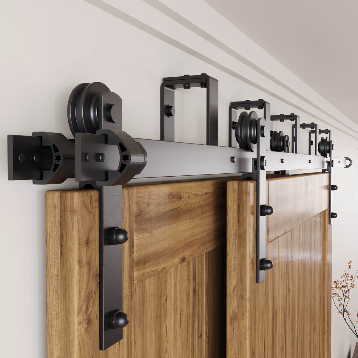 Black Rustic Straight Design Double Track Bypass Two Door Barn Door Hardware Kit(Doors Not Included)