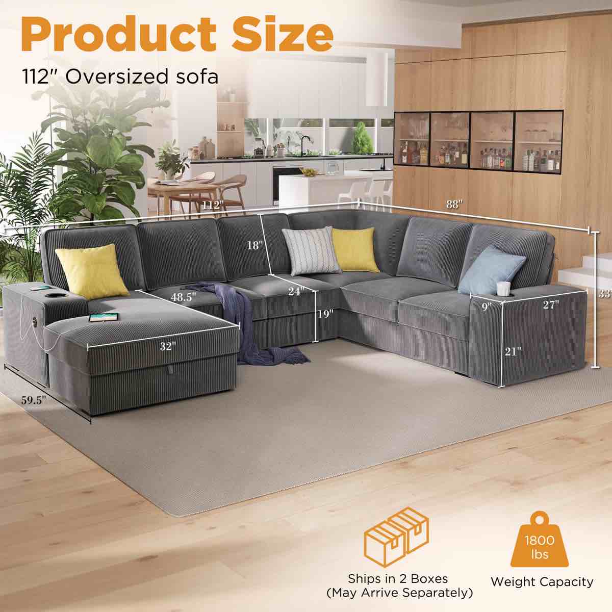 112 inch oversized sofa, sectional(box 1 of 2)