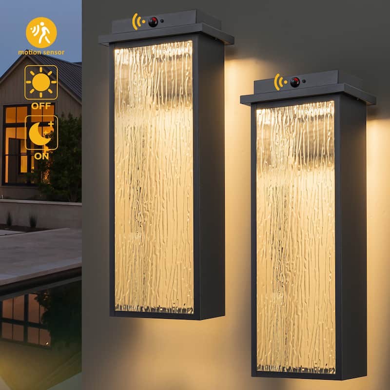 C Cattleya 2-Pack Integrated LED Motion Sensor Outdoor Wall Sconce Light with Ripple Glass