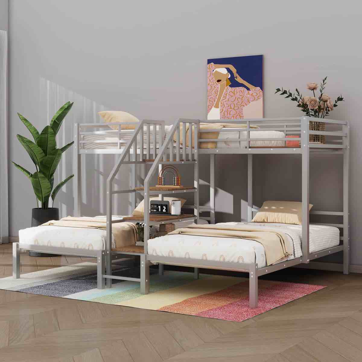 metal triple bunk bed for 3,twin over twin&twin size bunk beds with storage shelves staircase(box 2 of 3)