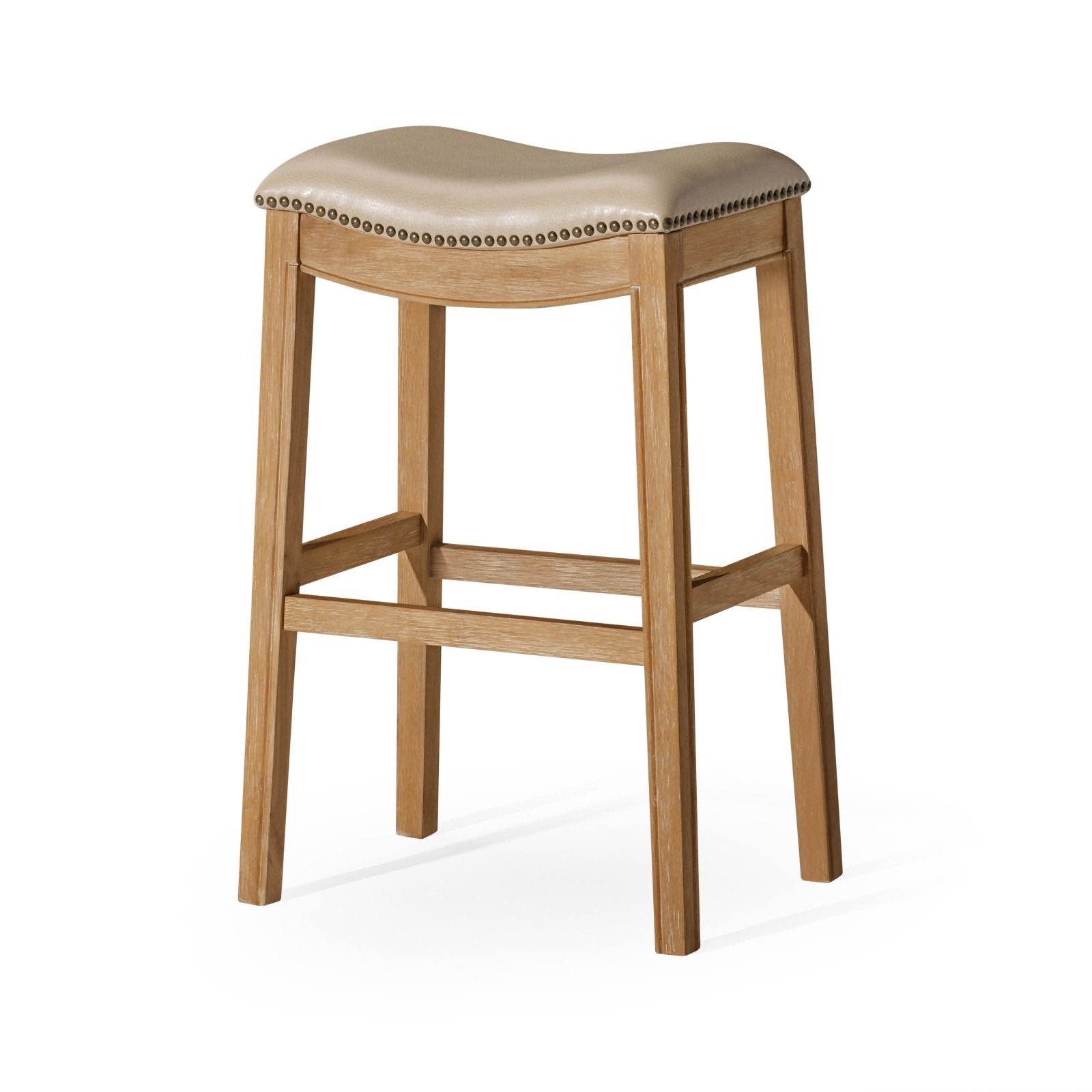 adrien saddle bar stool in natural finish with beige faux leather