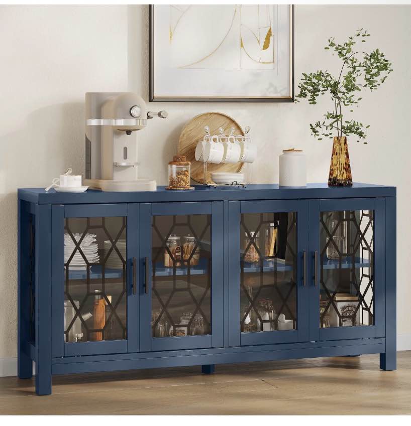 dextrus 63" sideboard, buffet cabinet with storage & 4 glass doors, buffet storage cabinet, kitchen sideboard for dining room, kitchen, blue