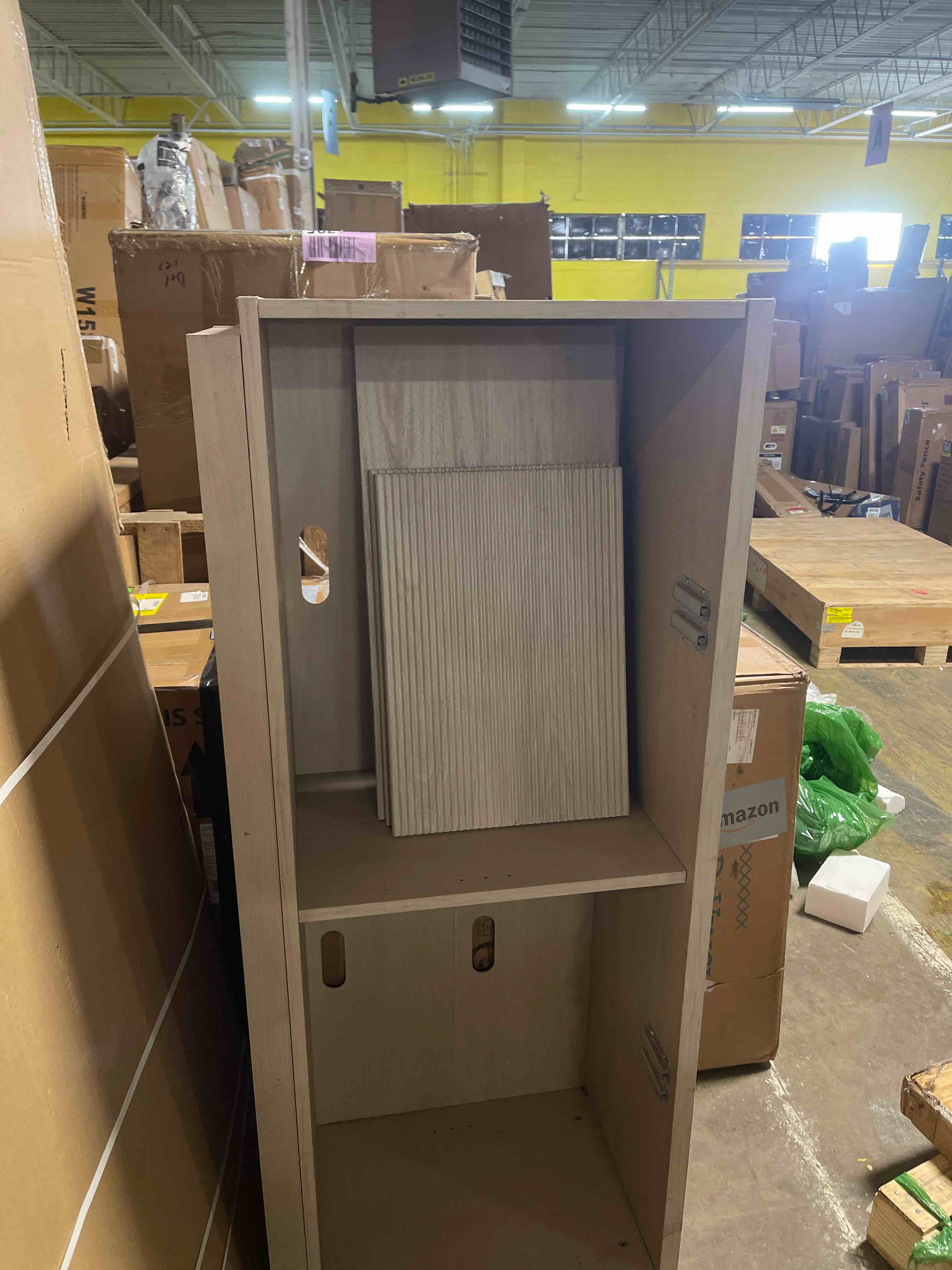 Condition photo showing As Is for Amada TV Stand for 50-65" TV, Fluted Modern TV Stand Entertainment Center with Drawers and Open Shelf, Waveform Panel, Sleek Curved Profile Media TV Console Table for Living Room, Bedroom, Grey