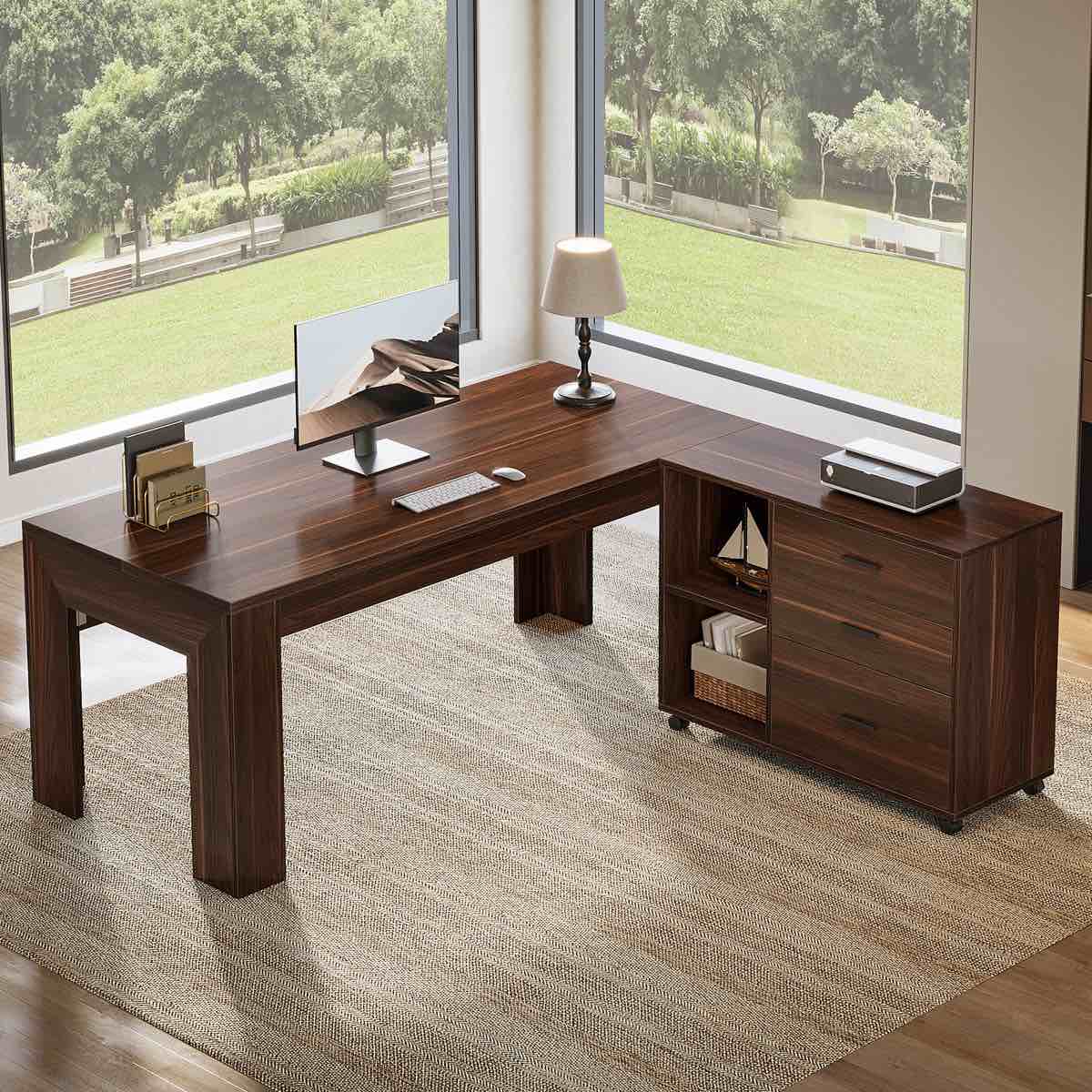 l shaped executive office desk with storage and mobile file cabinet, 63 inch computer desk